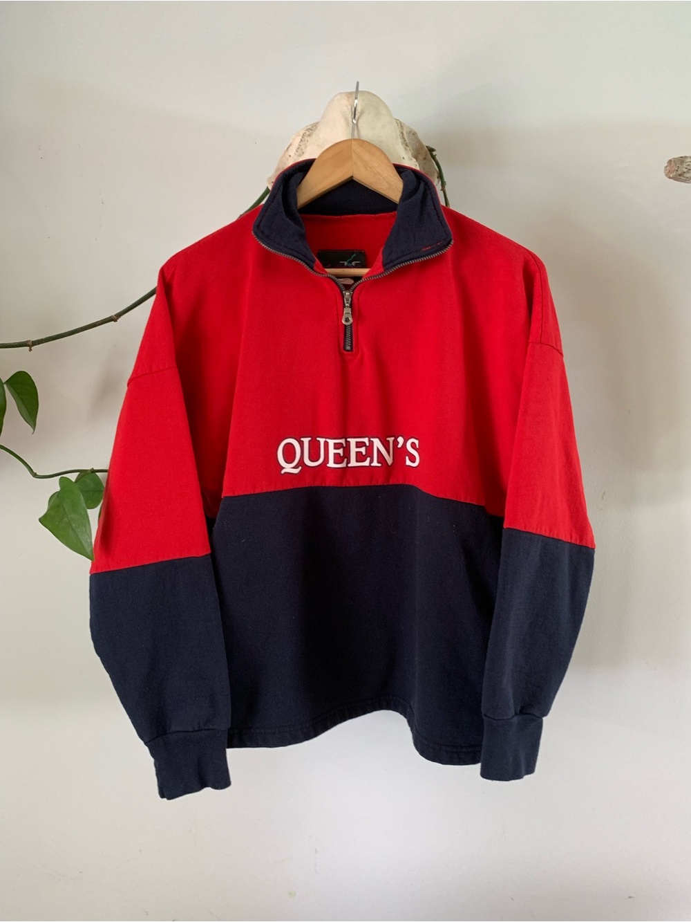 Vintage Queen's University Two-Tone Red and Navy Quarter-Zip Sweatshirt